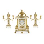 FRENCH WHITE MARBLE AND GILT BRONZE CLOCK GARNITURE LATE 19TH CENTURY the clock case with a