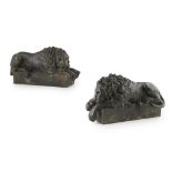 AFTER ANTONIO CANOVA (ITALIAN 1757-1822) PAIR OF PATINATED BRONZE 'CANOVA' LIONS each of typical