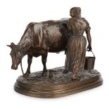 ISIDORE JULES BONHEUR (FRENCH, 1827-1901) MILKMAID WITH COW bronze, mid-brown patina, signed I.