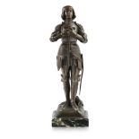 AFTER O. RUFFONY JOAN OF ARC bronze, dark brown patina, unsigned, on a square green marble base 22.