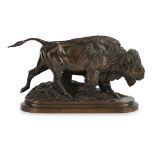 ISIDORE JULES BONHEUR (FRENCH 1827-1901) BISON CHARGING BISON bronze, mid-brown patina, signed I.