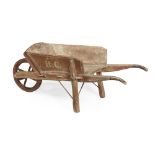 PAINTED WOOD SMALL WHEEL BARROW 19TH CENTURY of typical form painted red with initials R.C. 119cm