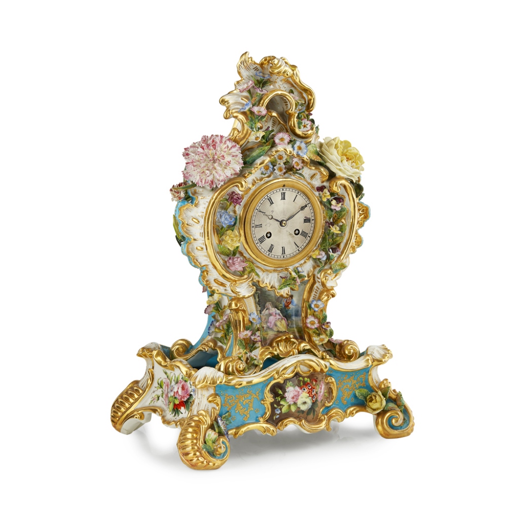 FRENCH JACOB PETIT PORCELAIN FLOWER ENCRUSTED MANTEL CLOCK AND STAND 19TH CENTURY the silvered