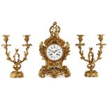 FRENCH GILT BRONZE ROCOCO STYLE CLOCK GARNITURE, LEROY ET FILS 19TH CENTURY the signed white