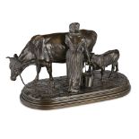 ISIDORE JULES BONHEUR (FRENCH, 1827-1901) MILKMAID WITH COW AND CALF bronze, mid-brown patina,