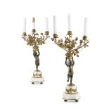 PAIR OF FRENCH GILT AND PATINATED BRONZE CANDELABRA 19TH CENTURY with three outscrolling arms with