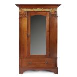 ARTS & CRAFTS MAHOGANY INLAID WARDROBE, CIRCA 1900 the projecting cornice above a marquetry frieze