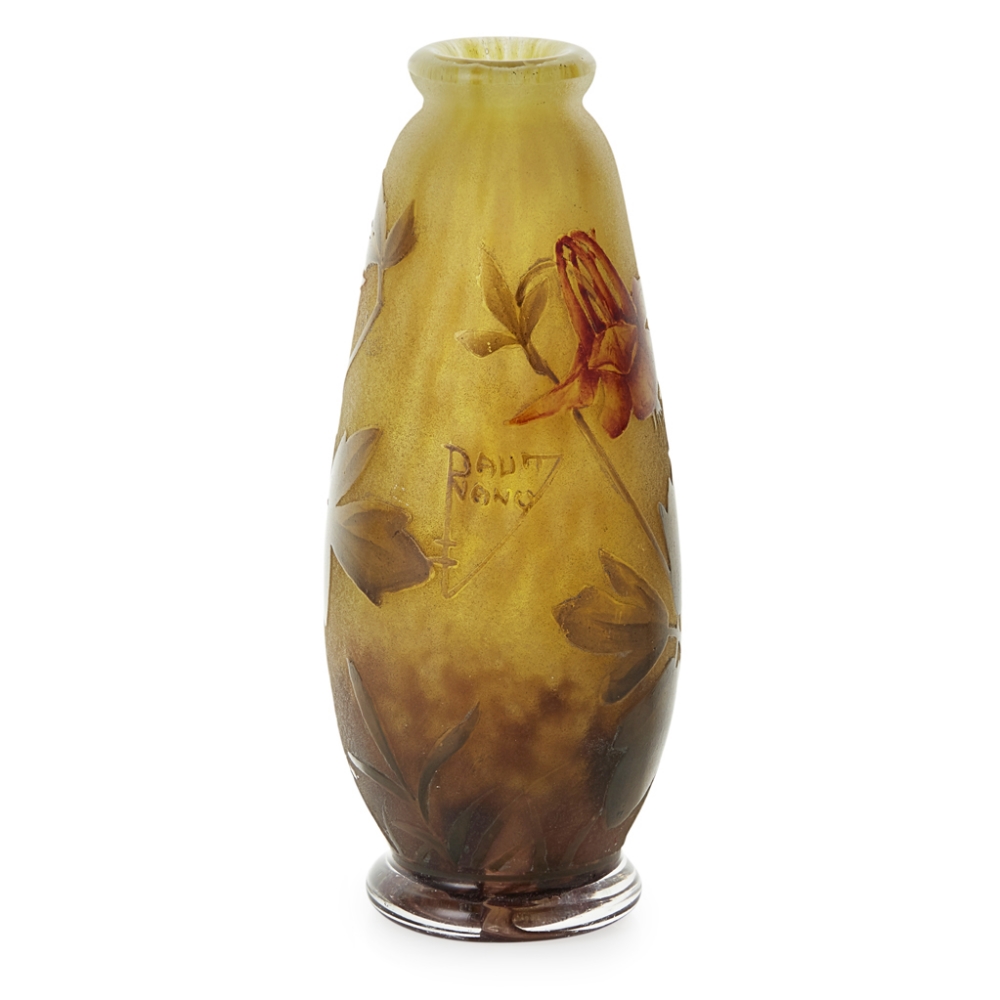 DAUM FRÈRES, NANCY PAINTED CAMEO GLASS VASE, CIRCA 1900 decorated with aquilegia flowers on a