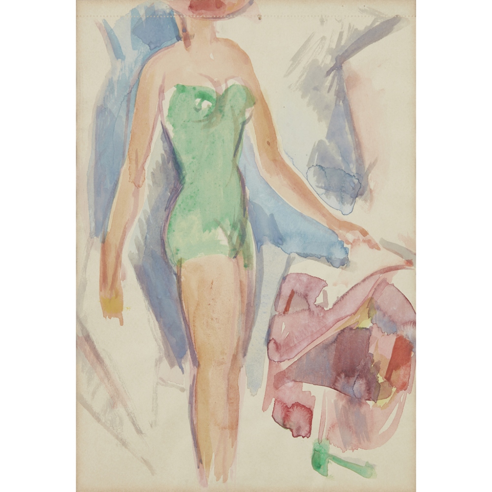 [§] JOHN DUNCAN FERGUSSON R.B.A. (SCOTTISH 1875-1961) ON THE BEACH, SOUTH OF FRANCE Watercolour 27cm