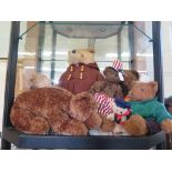 Seven various teddy bears, including one in brown duffle coat, and another in red stripe trousers