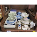 Various Wedgwood jasperware dishes and boxes, some with boxes, and other porcelain dishes and boxes