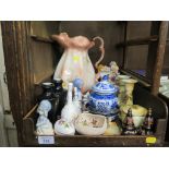 A Victorian pink floral wash jug, various figurines, vases and other ceramics