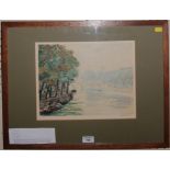 Pierre Jean Poitevin View of a river, possibly the Seine Colour etching Signed and numbered 10/