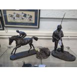 A resin figure of a jockey and racehorse 22cm high, another of a fly fisherman, 33cm high and