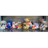 A collection of small Merrythought teddy bears, including Virgin Atlantic 2000, Beefeater, Asquiths,