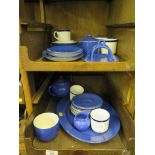 A Moorcroft powder blue part breakfast service and five Royal Stafford tea cups and six saucers