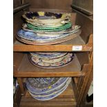 Various blue and white meat plates and other Victorian plates, as found