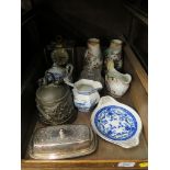 A Chinese brass bell, 17cm high, an anniversary clock, a pair of vases, a plated butter dish and