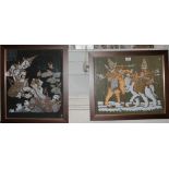 A Tibetan screen print on fabric of two elephants fighting, 42cm x 50cm, and another