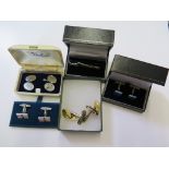 A collection of five various pairs of cufflinks, together with a 925 silver tie clip, all with