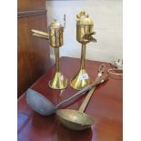 Two Dutch brass lamps and two ladles