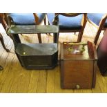 An Edwardian chequer banded mahogany coal box with sloping front and a stained hanging smoker's