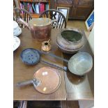 A copper watering can, jardiniere, chestnut burner and other copperwares