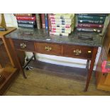 A marble top side table, with three drawers on square tapering legs joined by a stretcher 106cm