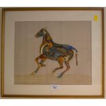 A Indian painting on silk of a horse, the image created using various animal forms. 28cms x 34cms