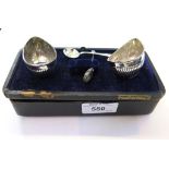 A pair of salt cellars and spoons, cased