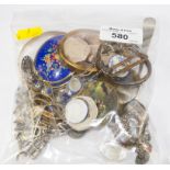 A bag of collectables to include a bangle, silver locket, chain, silver thimble, etc