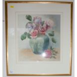 Indistinctly signed Watercolour of still life of roses in a green pottery vase 34.5cm x 32.5cm