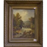19th century British School Fisherman by a river Oil on canvas, unsigned, 40cm x 30cm