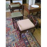 An Edwardian walnut piano stool, with scroll arms, carved frieze and cabriole legs, retail label for