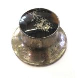 A silver capstan ink pot with silver inlaid tortoiseshell lid