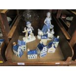 Seven KLM Bols bottles in the form of houses, a Victorian glass sweetmeat dish and cover, a