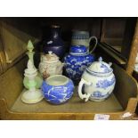 A Chinese blue and white teapot depicting a fisherman on a bridge, unmarked, 15cm high, another