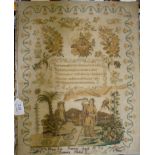 A mid Victorian sampler, depicting figures with exotic birds, four line verse and floral border by