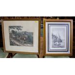 An engraving of a boat in harbour in choppy waters unsigned 30cm x 21cm and another print of a stage