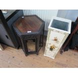 A nest of three Chinese hardwood occasional tables, octagonal with fret carved friezes, 40cm wide