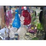 Various coloured glass vases, a glass decanter and various dressing table glasswares