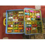 A Matchbox carry case of die-cast toys including Tom and Jerry, Blake 7, military and James Bond