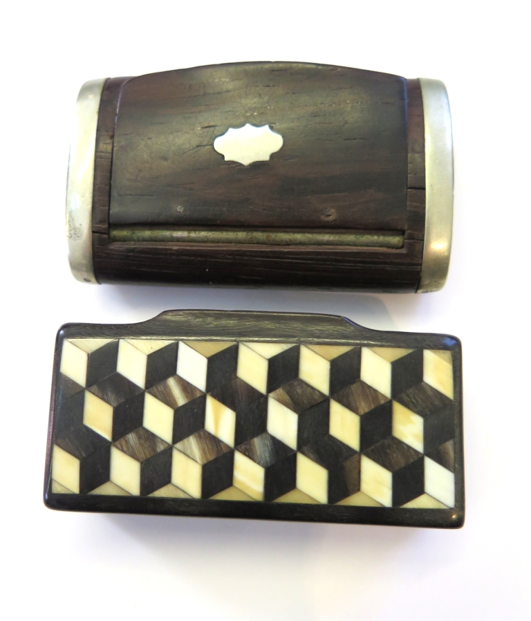 A papier mache snuff box and another