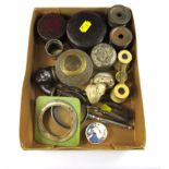 A box of collectables to include a boxed travelling cup, a cased magnifyer, a pair of opera glasses,