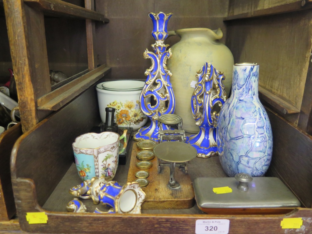 A pair of Victorian pierced scrolling blue and gilt candlesticks, as found, a set of postal scales