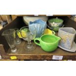 A 1930's bowl decorated in relief with budgies, and various other 1930's china and glassware