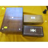 A rosewood and mother of pearl box 25cm wide, and two other boxes