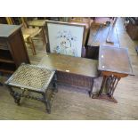 An oak coffer with stop-fluted front 76cm wide, an oak framed fire screen and a nest of three tables