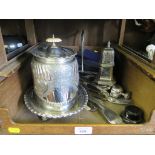 A selection of silver plate to include biscuit box, sugar sifter tray, tea pots, etc