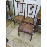 Two cane seated bedroom chairs with rail backs and a mahogany cane seat stool (3)